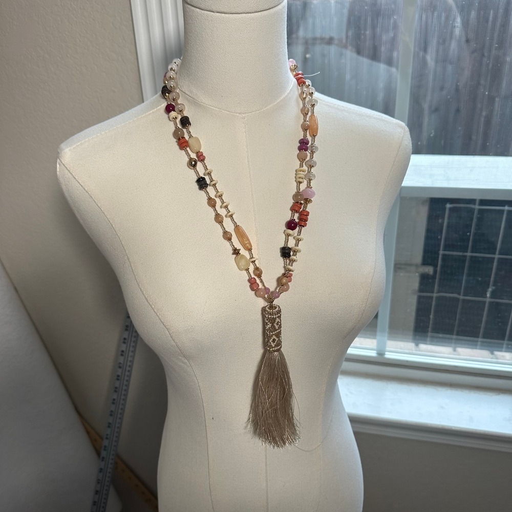 Chicos Long Multi Strand Beaded Tassel Necklace Boho Pink Tan Gold Tone